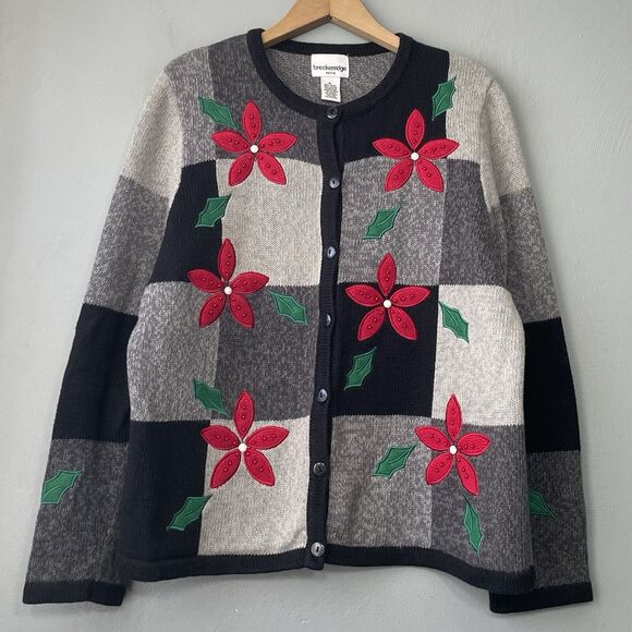 Breckenridge Christmas Cardigan Petite Large Embroidered Poinsettia Sweater Knit - Picture 1 of 9